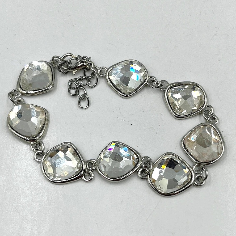 Vintage Silver Tone Large Chunky Crystal Link‎ Bracelet Adjustable Lobster Clasp